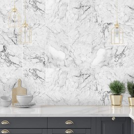 Tile Stickers for Floor/Wall Peel and Stick Tile Stickers for Living Room, Kitchen, Bathroom Decoration, 20cm x 20cm, Pack of 10, White Marble Tile Stickers