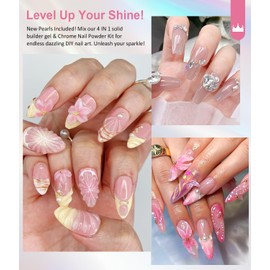 Chrome Nail Powder and Solid Builder Gel Kit BISHENGYF: 30g 4 In 1 No Wipe 3d Sculpting Nail Gel Aurora Pink White Pearl Chrome Nail Powder Clear Non-Sticky Hand Extension Glue for Nail Decoration