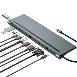 Docking Station,12 in 1 USB-C Hub,USB Typ C 4K 30Hz DP+HDMI+VGA 100W PD 4 USB3.0,SD/TF Reader,Ethernet RJ45,3.5mm Audio für HP/MacBook/Dell Laptops, Unterstützung Erweiterungs und Spiegelmodus