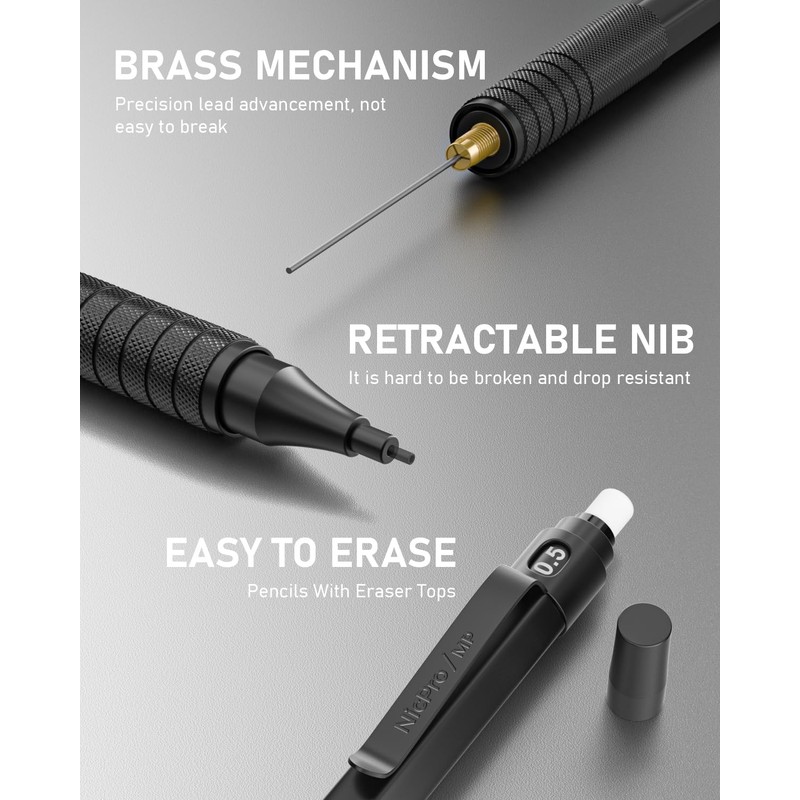 Nicpro 30PCS Black Metal Mechanical Pencils Set in Leather Case,