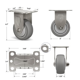 NINOSO 3" Caster Wheels, Stainless Steel Casters Set of 4 Heavy Duty, Anti-Corrosion Rubber Industrial Caster Wheels for Hospitals Food Labs(2 Swivel& 2 Rigid)