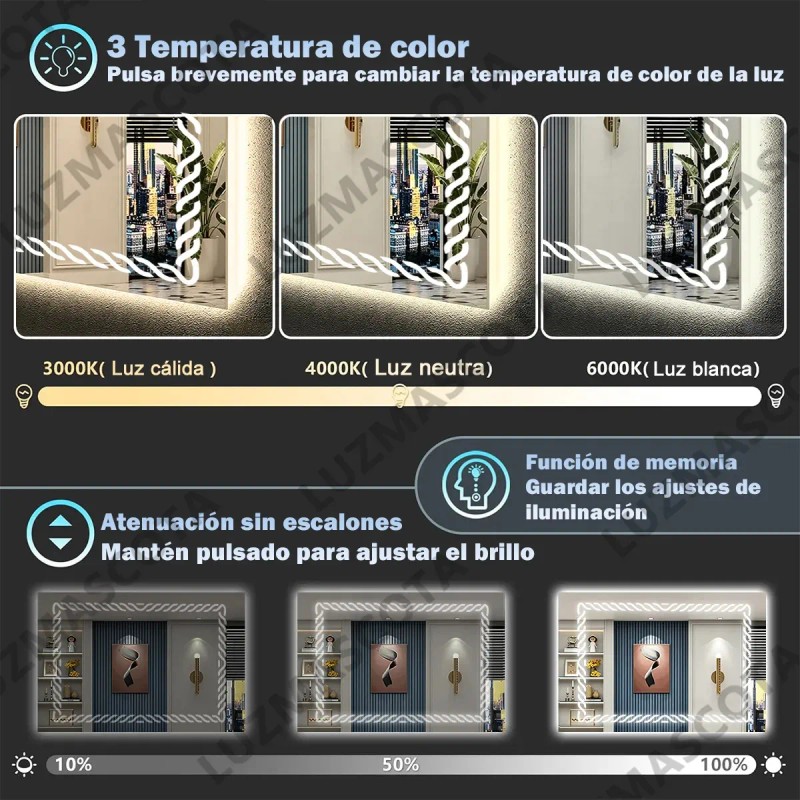Espejo Rectangular de Baño con Luz LED Táctil, 3 Tonos