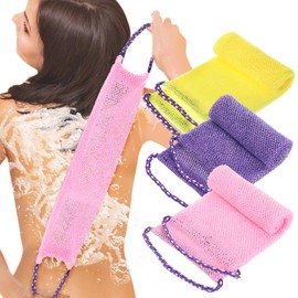 3 Pcs African Exfoliating Net Sponges, Exfoliating Back Scrubber for Shower Long African Exfoliating Net Washcloth Body Shower Loofahs Cloth Body Back Scrubber for Women Men (Purple+Pink+Yellow)