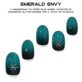 Adora Couture Semi Cured Gel Nail Strips | 30pcs Green Emerald Envy Nail Wraps Kit for Women | Gel Nail Stickers with UV Light Required (Emerald Envy)