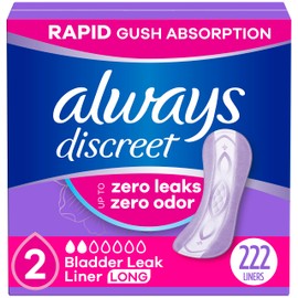 Always Discreet Incontinence Panty Liners for Bladder Leaks, Size 2, Very Light Absorbency, Long Length, 222 Count (2 Packs of 111)