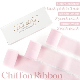 MEEDEE Pink Chiffon Ribbon 2 Inch Frayed Ribbon Fringe Chiffon Ribbon Light Pink Ribbon for Crafts Silk Chiffon Ribbon for Gift Wrapping Wedding Invitation, Bridal Bouquet (3 Rolls 21 Yards)
