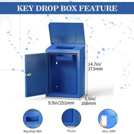 DiDiHere Key Drop Box for Automotive, Key Return Box Wall Mount, Anti-Thief & Waterproof Design for Outdoor, Heavy-Duty Secure Storage Box for Hotel,Car Rental, Large Capacity 6x10x14 Inch(Blue)