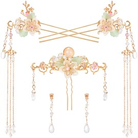 HINZIC 5PCS Orchid Flower Tassels Hairpin, Crystal Rhinestone Pearl Hair Clips Headpiece Retro Chinese Hanfu Floral Wedding Brides Hair Accessories Jewelry for Women Girls Updo Long Hair