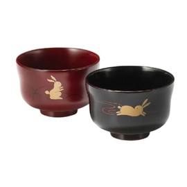 J-kitchens Rabbit, Soup Bowl, Pair of Soup Bowls, Tamari and Ancient Vermilion (2 Guests), 4.1 inches (10.3 cm), Lacquered and Hand-painted, Made in Japan
