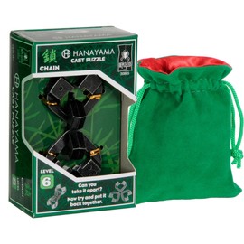 Hanayama - BPuzzled Chain Level 6 Puzzle, with Green Velvet, RED Satin Drawstring Pouch, Bundled