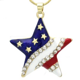 Soulbreezecollection Patriotic Red White Blue American USA US Flag Star Necklace Pendant Clear Rhinestones 4th of July Jewelry (Star - Gld)