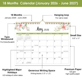 2026 Wall Calendar - 2026 Calendar, 18 Month Calendar Runs from January 2026 to June 2027, 8.5" x 11", Floral Calendar for Wall or Desk, Feminine Design for Office, Home or School