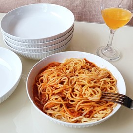 JDZTC 8" Large Pasta Bowls：24 oz Ceramic Bowl Plates Set of 6：Microwave Dishwasher Safe Shallow Dinner Bowls - Kitchen/Party/Home Daily Use/Restaurant - Gifts for Newlyweds/Households, 6 White