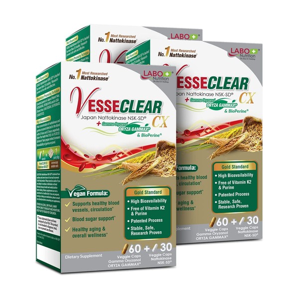 LABO Nutrition VesseCLEAR CX: Nattokinase NSK-SD + Gamma Oryzanol for Clean Blood Vessel & Healthy Ageing, Japan's Most Clinically Studied, Support Healthy Cholesterol, Heart, Vegan, 60sx3