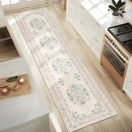 jinchan Hallway Runner Rug 2x10 Washable Runner - Vintage Floral Non Slip Low-Pile Soft Ultra-Thin Faux Wool Kitchen Rug Distressed Carpet Runner for Farmhouse Bedroom Laundry(2x10ft,Apricot Multi)