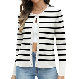 Rapbin Striped Cardigan Sweaters for Women Classic Crew Neck Sweater Trendy Black White Striped Fitted Cardigans M