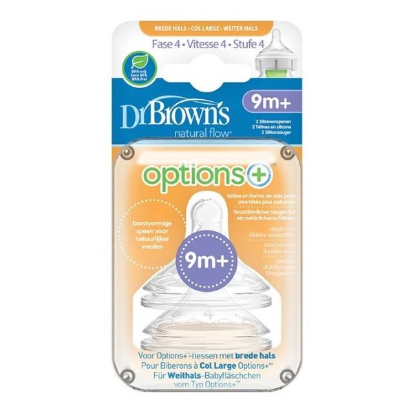 DR. BROWN'S NATURAL FLOW OPTIONS+ SILICONE NIPPLES FOR WIDE NECK BOTTLES 9m+ 2s