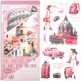 Uideyvi Pink City Series Sticker Scrapbooking Supplies for Junk Journal, 20 Sheets PET Stickers - Vintage Journaling Stickers, Ephemera Sticker Book Pre Cut(TZ-007-003)