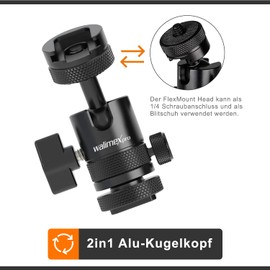 Walimex Pro Multi Mini Ball Head with Hot Shoe and 1/4 Inch Connection I Swivel 180° on Both Sides I for Cameras, Tripods, Microphones, LEDs I Aluminium Tripod Head Single Shoe I Maximum Load 5 kg