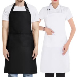 2 Pack Heavy Duty Unisex Aprons Waterproof & Oil-Resistant Canvas for BBQ, Cooking, Salon, Hospitality, Adjustable Chef Aprons for Adults (Black/White)