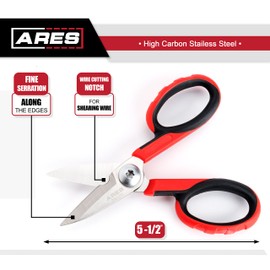 ARES 70105-5 1/2-Inch Multi-Purpose Heavy Duty Shears - Finely Serrated High Carbon Stainless Steel Blades - Cuts Wire, Insulation, Soft Cable and More