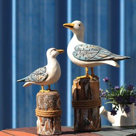2pcs Seagull Figurine Wooden Nautical Decorations Ornaments Rustic Vintage Coastal Beach Home Decorations Nautical