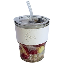 Giant Goods 13oz Vanilla White Double Walled Glass Tumbler with Glass Straw and Plastic Lid, Vegan Leather Sleeve, Hot or Cold Drinks, Iced Coffee Cup, Clear Coffee Cups, (1 Count)