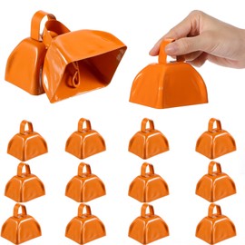12 Pcs Metal Cowbells with Handle, Cow Bells Noise Makers for Sporting Events, Small Cow Bell Loud Bells Noisemaker Hand Percussion Cow Bells Noise Makers for Sporting Events, Football Games (Orange)