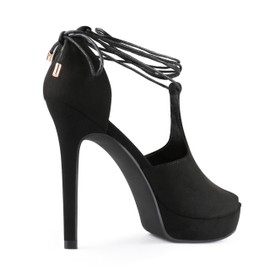 Zzheels Women's Peep Toe Heel Platform Stiletto High Heels Strappy Lace up Heels Dress Party Pumps Black Suede US8