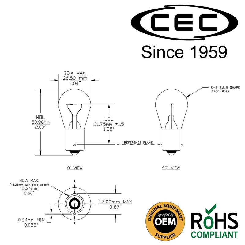 CEC Industries 1141 Single Contact Bayonet 12.8V 18.4W Miniature Bulb