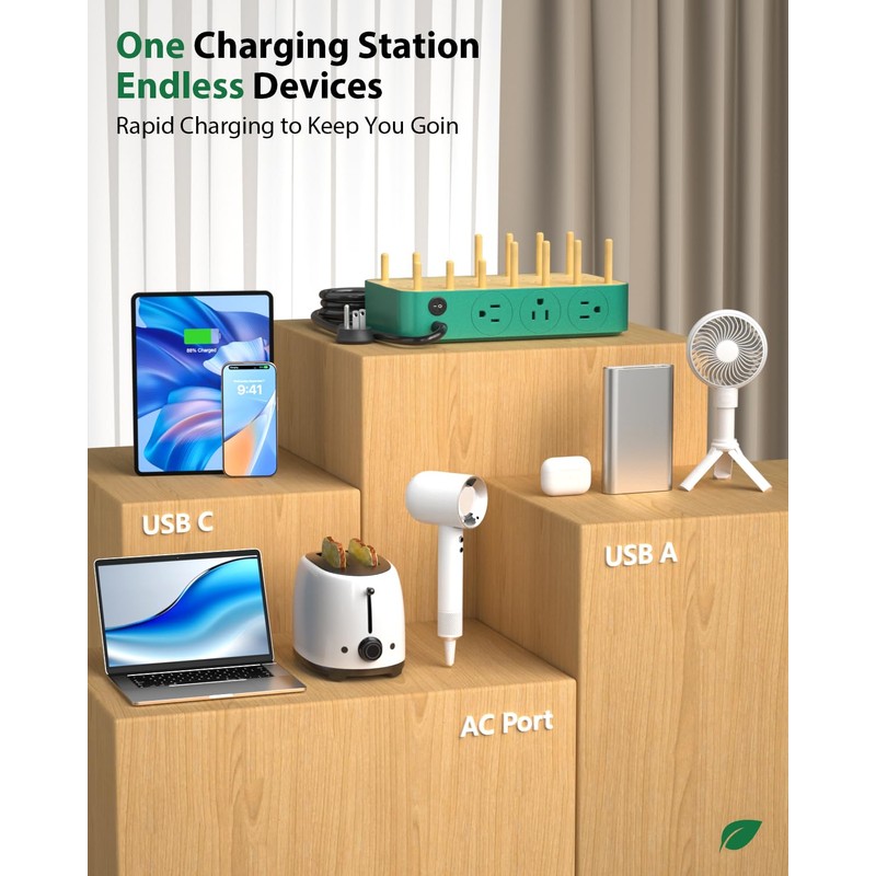 VisionSync Bamboo USB-C Charging Station for Multiple Devices,60W 6 Port