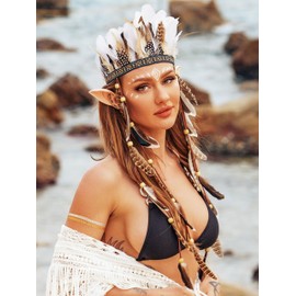 Fashband Indian Feather Crown Headband Boho Tassel Crowns Headpiece Tribal Festival Party Headwear Hair Accessories for Women (White)