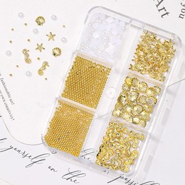 MOLILON Summer Ocean Nail Charms Set, 3D Steel Studs Metal Art Charms with Pick Up Pen & Tweezers, 3D Metal Nail Decals, Ocean Theme Designs Nail Supplies for Women Girls Manicure 12 Grid