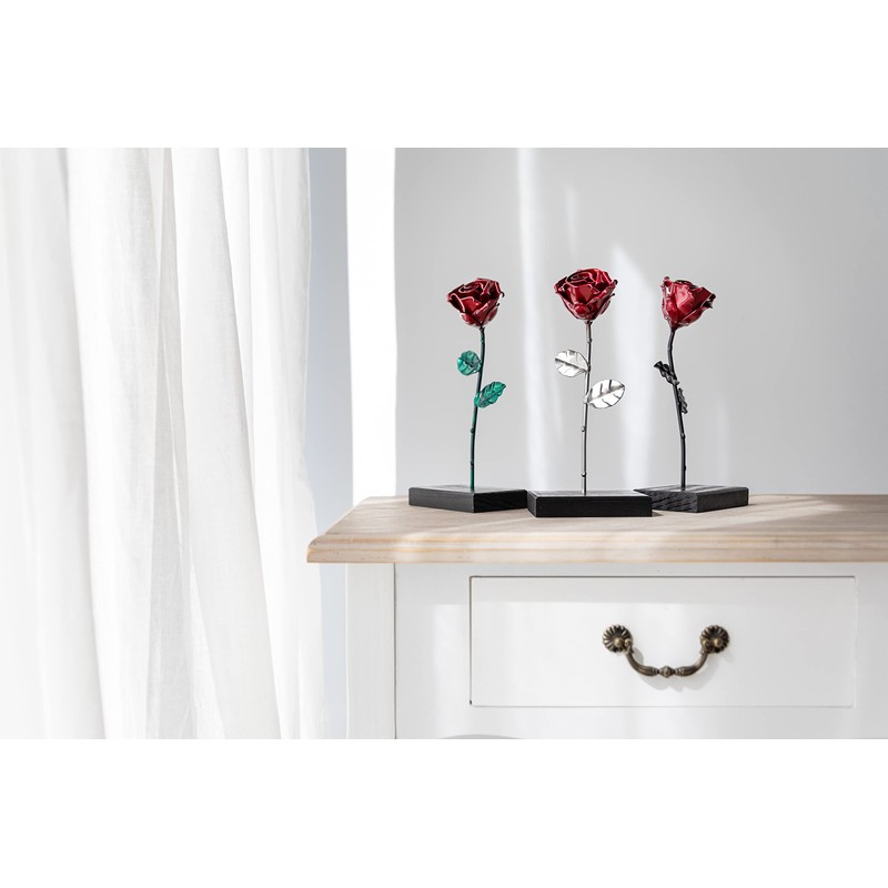Wrought Iron Eternal Rose with Base - Hand Forged (Red/Silver)