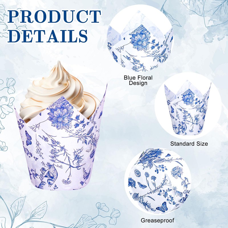 Whaline 200Pcs Blue and White Floral Cupcake Liners Chinoiserie Muffin