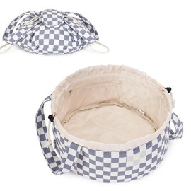 Barrel Drawstring Checkered Makeup Bag Large Cosmetic Bag Make up Bags Toiletry Organizer for Women (Grayish Blue Checkerboard) (Patent)