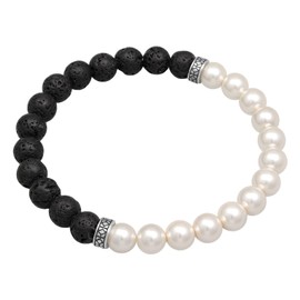 Kuzzoi Buddha Men's Bracelet Made of Lava Gemstone and Synthetic Pearls (8 mm) with Oxidised 925 Sterling Silver Elements, Stretch Bracelet for Men, Length 19-23 cm, Sterling Silver Rubber Stone, Lava