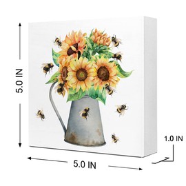 Farmhouse Sunflower Bouquet Honey Bees Wooden Plaque Sign,Rustic Sunflower Wood Block Sign for Country Home Office Garden Shelf Table Decorations,Summer Desk Decor