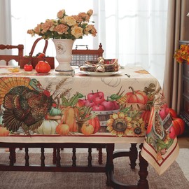 Larponder Fall Tablecloth 52x70 Inch Rectangle, Turkey Pumpkin Print Waterproof Wrinkle-Resistant Table Cloth for Autumn Thanksgiving Harvest Dining Kitchen Decor