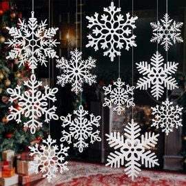 12 PCS Large Snowflakes Ornaments - Outdoor Christmas Decor Glitter Giant Hanging Snowflake Decorations for Indoor Outdoor Christmas Tree Decorations(White)