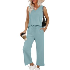 XIEERDUO Vacation Outfits for Women Casual Summer Trendy V Neck Matching Sets Wide Leg Pants Travel Airport Outfits Lounge Sets XL