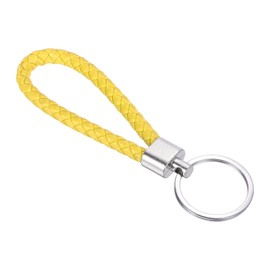 PATIKIL Braided Leather Keychain with Stainless Steel Key Ring, PU Woven Wrist Lanyard Band Fob Key Ring Holder for Car, Bag, Purse, Pendant, Yellow, yellow