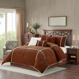 Stratford Park 7 Piece Rust Comforter Set, California King Size Corduroy Peicework Bedding, All Season Bedding Set, Bed Skirt, Pillows & Shams