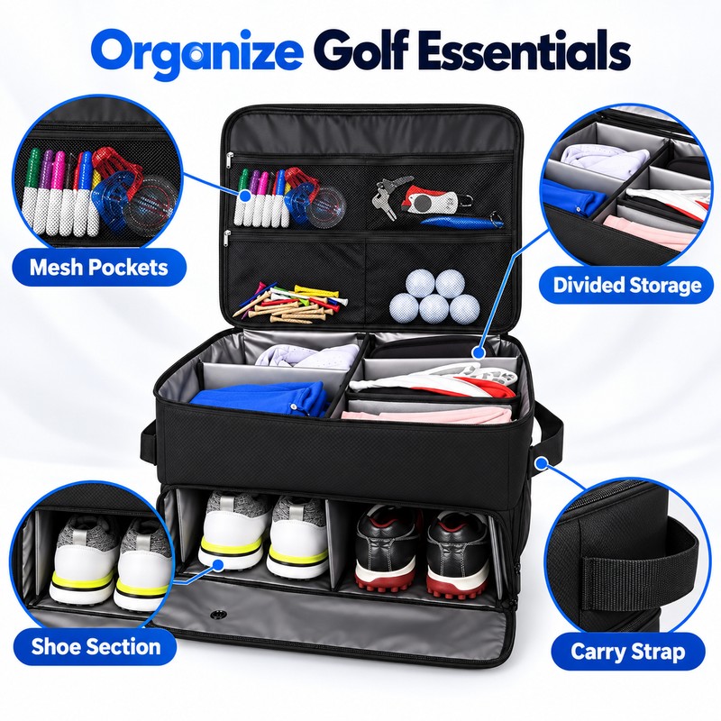 Golf Trunk Organizer With Shoe Storage, Multi-Compartment Car Storage Box
