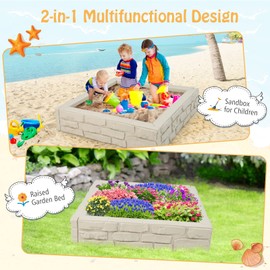 HONEY JOY Sandbox with Cover, 47x47 Inch Square Sand Pit for Backyard, Bottom Drainage Oxford Liner, HDPE Playful All Weather Resistant Sand Boxes for Kids Outdoor with Lid (White)
