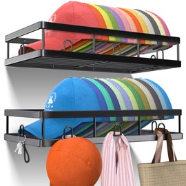 Sunfanie 2 Packs Metal Hat Rack for Wall, Holder with Multiple Hooks, Organizer for up to 40 Baseball Caps, Sturdy Wall Drilled Rack, Storage for Door/Closet, Black