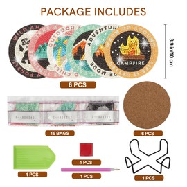Temlum 6 Pcs Diamond Painting Coasters with Holder, DIY Outdoor Camping Coasters Diamond Art Kits for Beginners, Adults Small Diamond Painting Art Craft Supplies