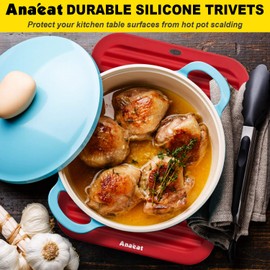 Anaeat 2 Pack Silicone Trivets for Hot Pots and Pans - Heat Resistant Real Silicone Hot Pads for Kitchen Counter, Multi-Purpose & Durable Trivet Mat for Hot Dishes, Jar Opener, Spoon Holder (Red)