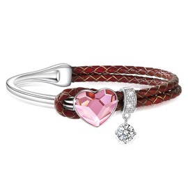 Women's Crystal Bracelet, Leather Bracelet, Heart Bracelet, Hypoallergenic, Bracelet, Silver, Heart, Crystal, 18K Gold, Bangle, Bracelet, Accessory, Birthday, Anniversary, Leather, Crystal