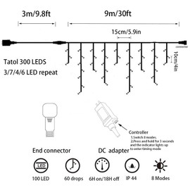 YASENN 300Led Icicle Style String Lights 29.5FT,Update Connectable 8 Lighting Modes with Timer Icicle Lights for Home Garden Outdoor Indoor Eave Decor (Warm white LED white cable)